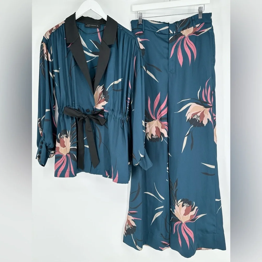 Zara Floral Matching Set Blazer Kimono Jacket Palazzo Wide Leg Pants